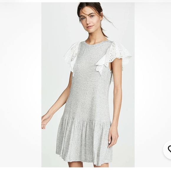 Rebecca Taylor Dresses & Skirts - NWT Rebecca Taylor Eyelet Sleeve Jersey Dress Gray White Short Ruffle Hem Sz XS